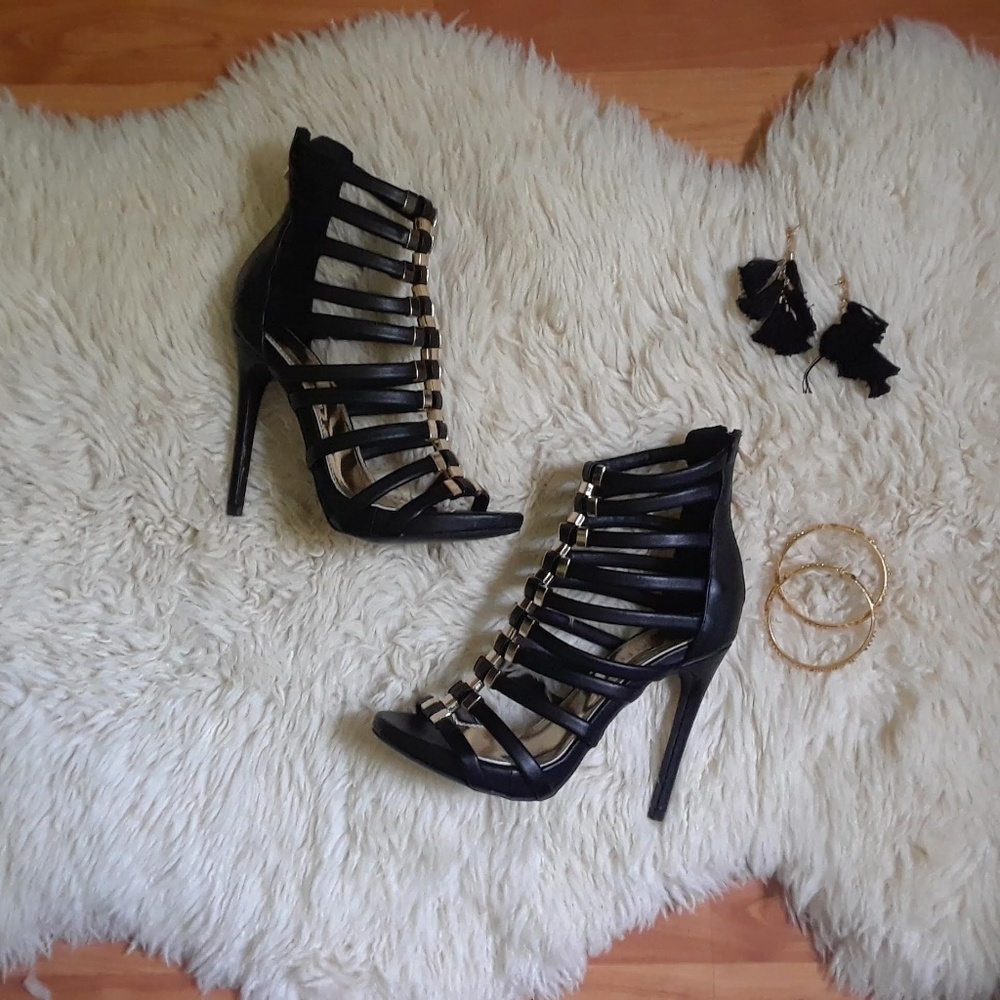 NEW Liliana black cage heels w/gold hardware